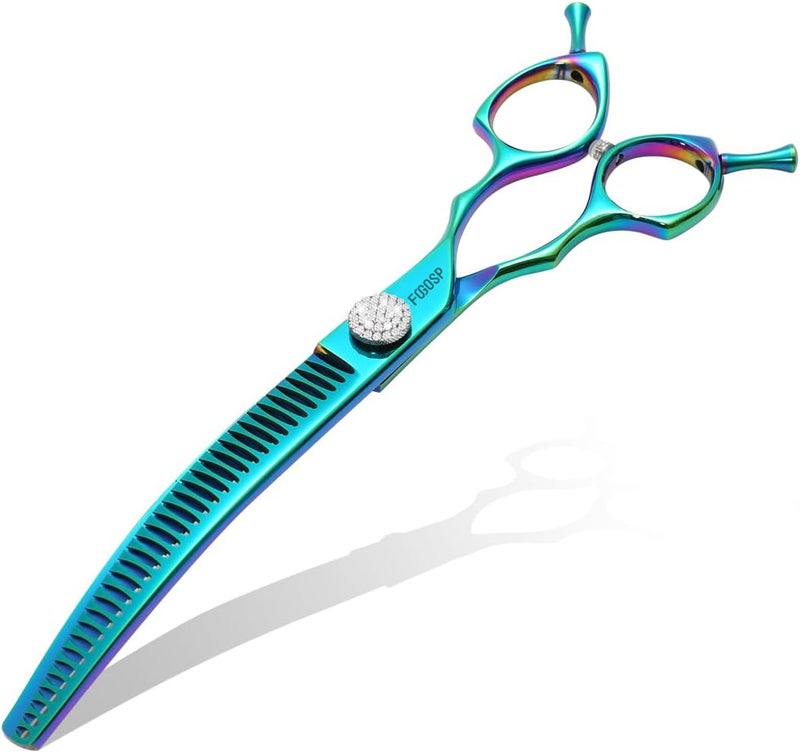 FOGOSP Professional Curved Thinning Shears Dog Grooming Scissors with Large Finger Holes 7.5'' Blue Green Curved Chunkers Shears for Grooming Large Dogs Pet 35 Teeth Japan 440C(Curved Chunkers,Turquoise) - Image 1